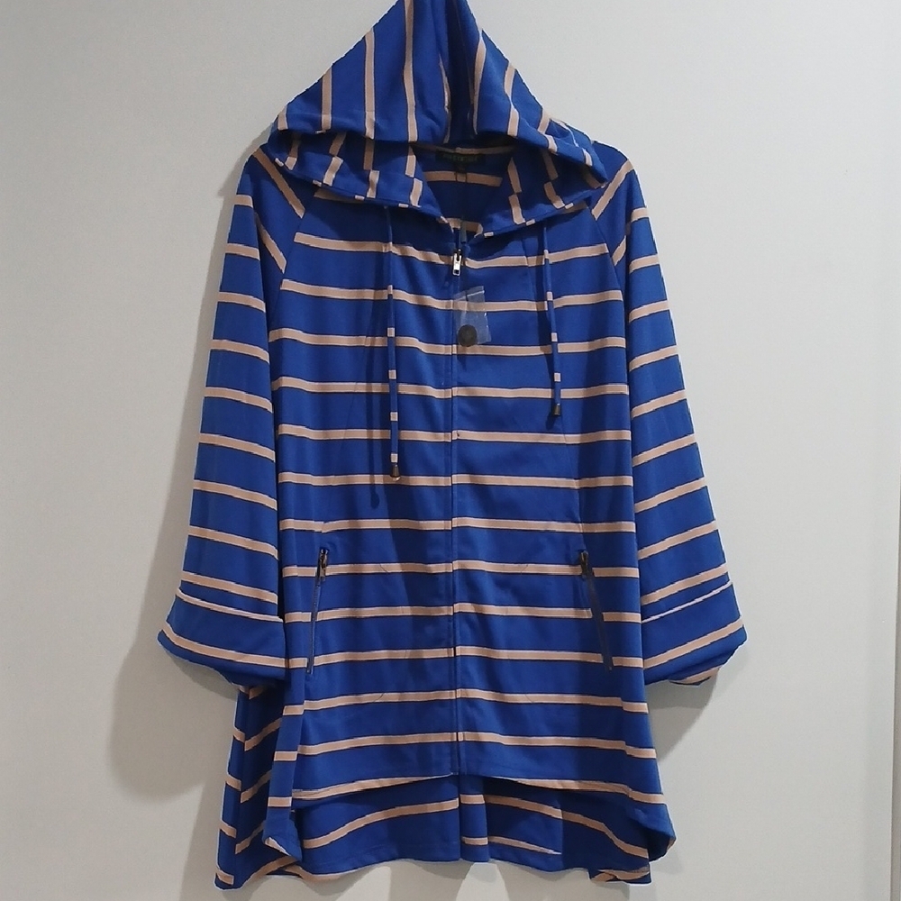 For Cynthia Women's Flare Tail Full Zip Striped Hooded Jacket Sz L NEW WITH TAGS